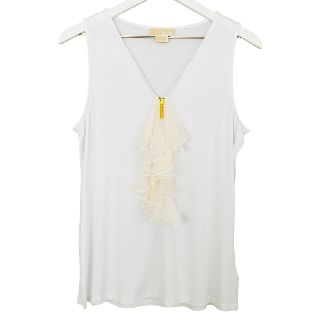 Michael Kors Rayon Crisp White & Cream Ruffle Accent Partial Zipper Tank‎ Large
